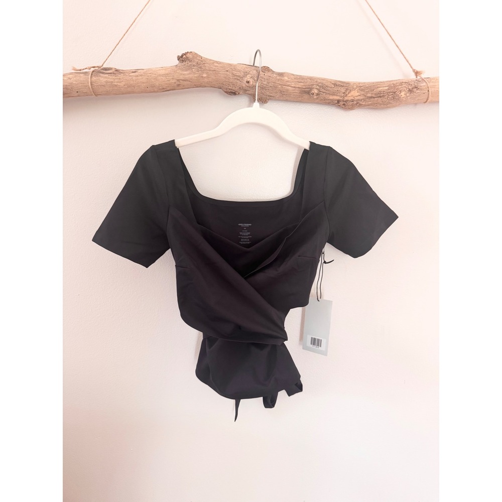 Girlfriend Collective Black Wrap Square Neck Short Sleeve Top XS NWT